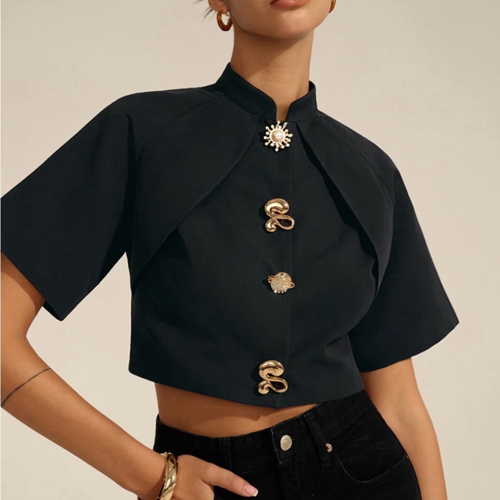 Blue-Black Cropped Button Shirt with Gold Accents